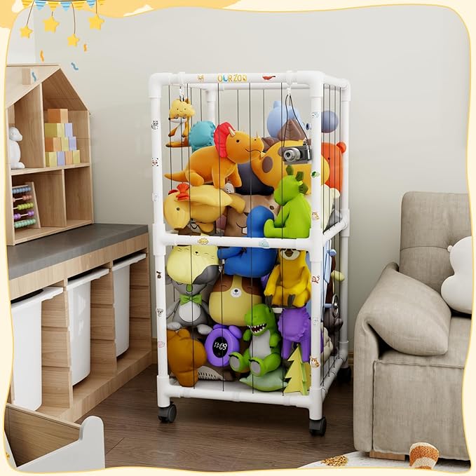 Large Stuffed Animal Zoo Cage with Wheel, Plush Animal Storage Holder for Stuffed Animals, Playroom, Bedroom, Nursery, Stuffed Animal Storage Shelves Display Decor, Kids Toy Storage Organizer