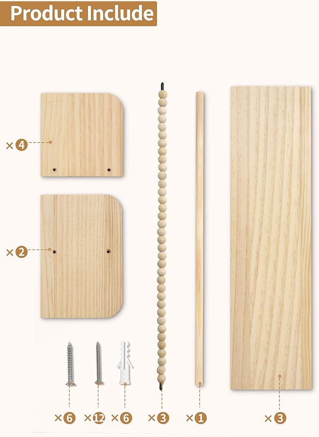 Nursery Floating Shelves for Wall, Set of 3 Book Shelves Natural Wood Wall Mounted Organizer with Towel Bar Hanging Bookshelves Nursery Decor for Kids Room, Bedroom and Kitchen