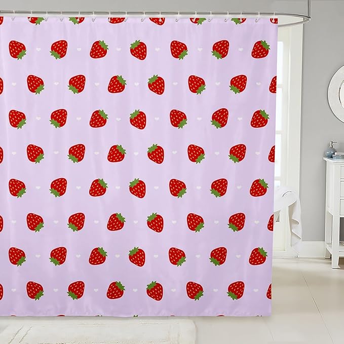 Feelyou Strawberry Fabric Shower Curtain Kawaii Fruit Shower Curtain for Kids Boys Girls Cute Bathroom Waterproof Accessories with 12 Hooks Kawaii Lovely Curtains,72x84 Inches