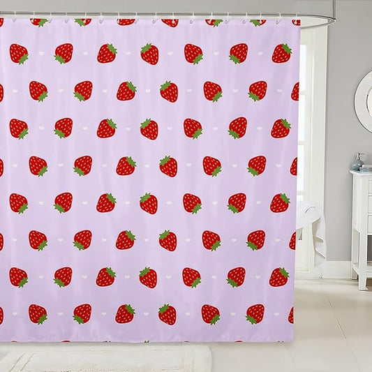 Feelyou Strawberry Fabric Shower Curtain Kawaii Fruit Shower Curtain for Kids Boys Girls Cute Bathroom Waterproof Accessories with 12 Hooks Kawaii Lovely Curtains,72x84 Inches