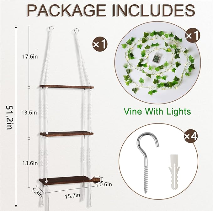 Hanging Shelf with Vine Lights, Macrame Plant Wall Shelf, Wall Storage with Handmade Woven Ropes, 3 Tier Floating Shelf, Boho Room Decor Aesthetic for Succulents, Bedroom, Living Room, Bathroom