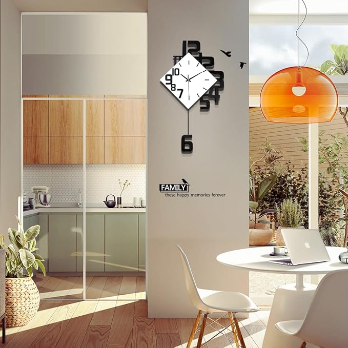 Large Wall Clock for Living Room Decor Pendulum Modern Kitchen Silent Big Wall Watch for Bedroom Black and White Decorative Office Non Ticking Battery Operated Wall Clock 25 Inch