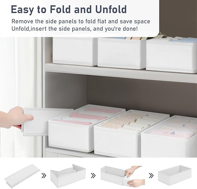 DIMJ Drawer Organizer Clothes - Underwear Organizer Small Sock Organizer Box Dresser Organizer,Drawer Dividers for Baby Clothes,Bra,Socks, Belt, Tie, Set of 6,White
