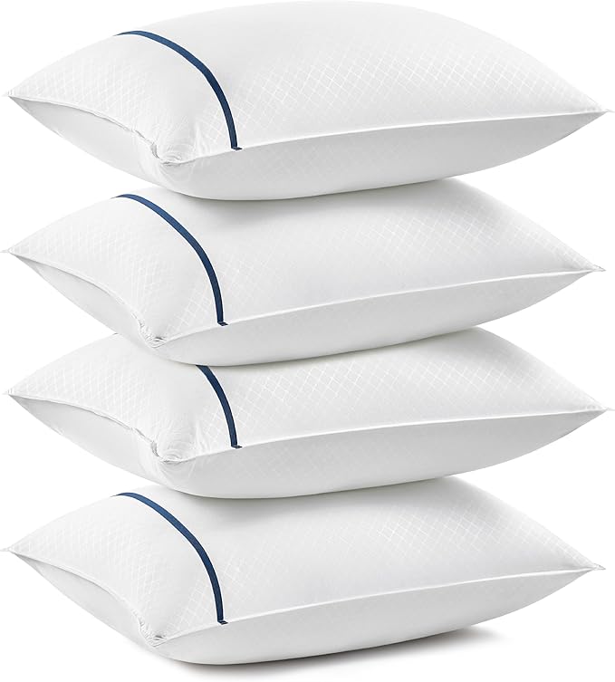Bedsure Hotel Pillows - Luxury Bed Pillows for Sleeping with Decoration Strip Breathable Cover Soft & Supportive Pillows for Side, Back or Stomach Sleepers (4, Blue, Queen)