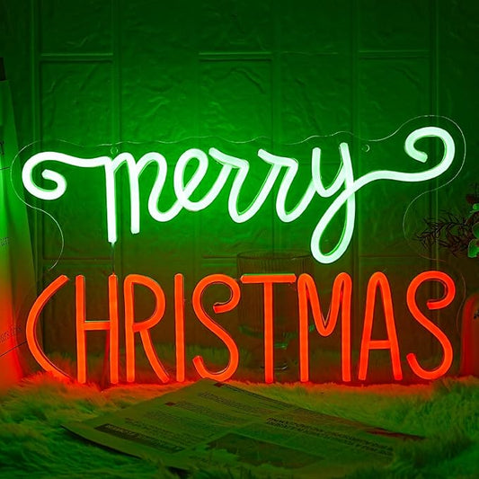 Merry Christmas Neon Signs Red Green Merry Christmas Neon Light Dimmable Neon Light with Switch Novelty Lighting for Wall Decor Christmas Party Kids Room New Year Wedding Birthday Party