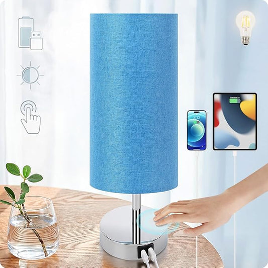 Yarra-Decor Bedside Lamp with USB port - Touch Control Table for Bedroom Wood 3 Way Dimmable Nightstand Round Denim Shade Living Room, Kids College Dorm, Office(LED Bulb Included), Td-001 Denim