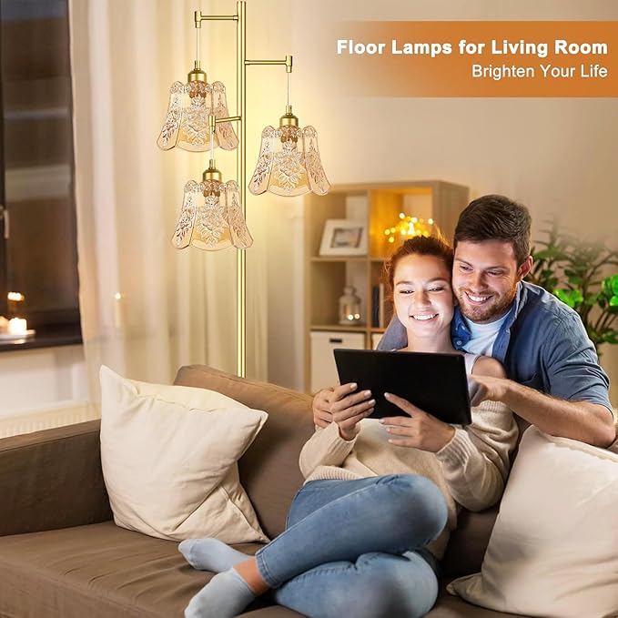 Gold Floor Lamp for Living Room,Bedroom,Mid Century Modern Standing Lamp Brass Tree 3 Light Tall Floor Lamps Vintage Retro Floor Lights Glass Green Flower Lamp Shade Farmhouse Boho Bohemian