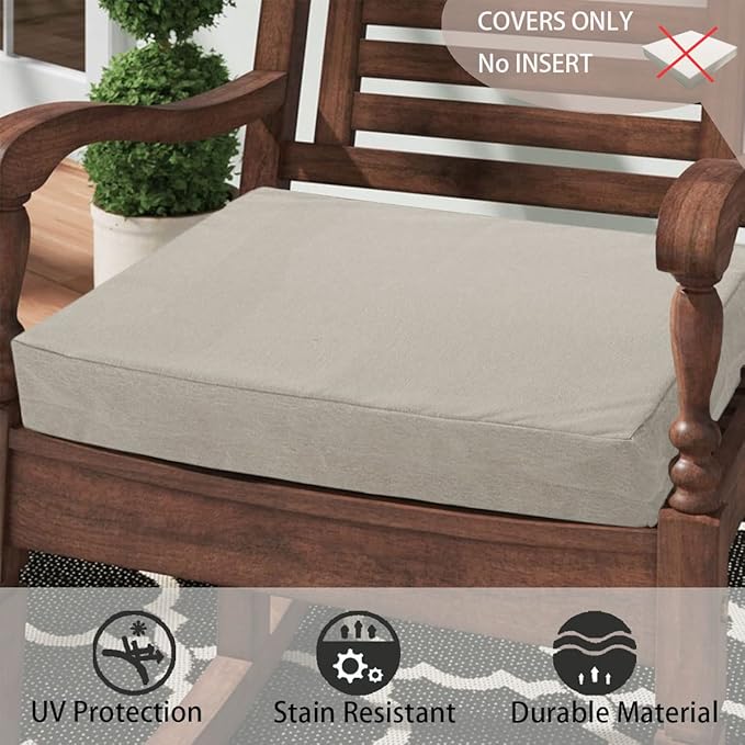 FUNHOME Outdoor Cushion Covers 24 x 24 x 4 inch,Set of 2,Replacement Square Seat Cushion Cover for Patio Furniture Chair,Water Resistant,Fade-Resistant Slipcover Only,No Insert(Light Brown)