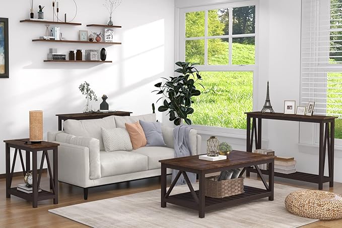 ChooChoo Farmhouse Coffee Table, Rustic Vintage Living Room Table with Shelf, 40 Espresso
