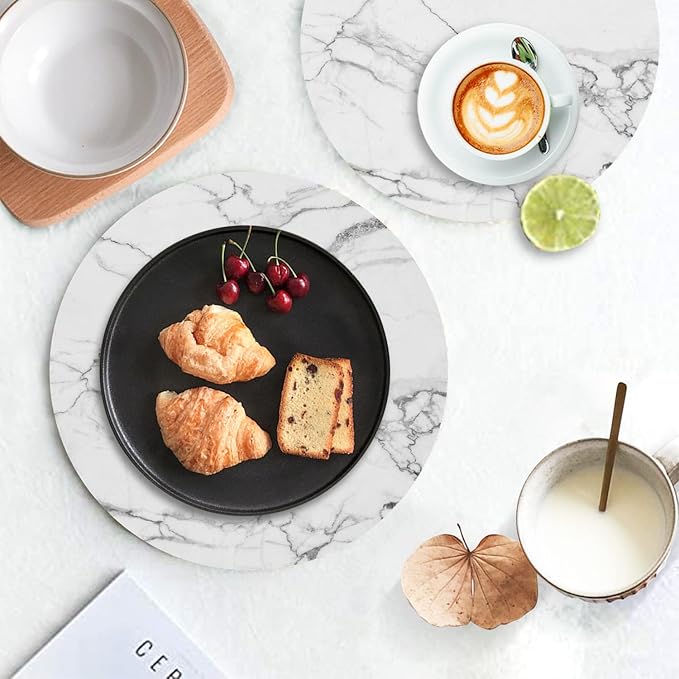Round Leather Placemats Set of 4 PU Waterproof Non-Slip Washable Heat Resistant Place Mat for Kitchen Dining Table - Marble White