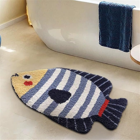 Bathroom Rug Cute Animal Pattern Fun Bath Mat, Microfibre Soft Oval Rug, Rubber Back, Multi-Color, Durable, Machine Wash Bath Mat for Bathroom Floor, 20.86"x 33.07", (Striped Fish)