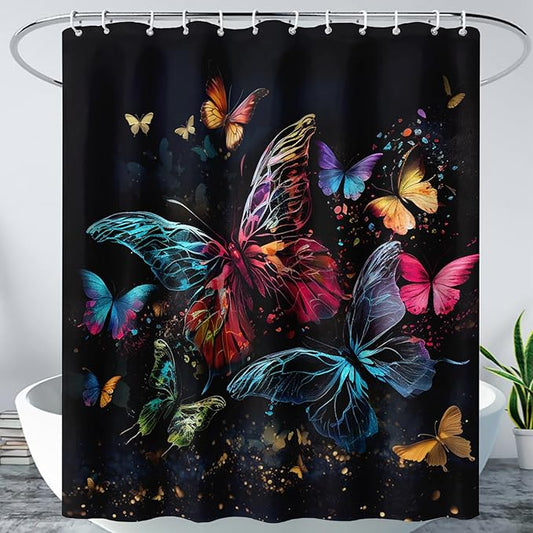 AILONEN Colorful Butterfly Shower Curtain, Tie Dye Butterfly Bath Curtain,Modern Fashion Minimalist Decorative Shower Curtain with 12 Plastic Hooks (Kids/Girls/Women/Teen/) Black 72" W*96" H