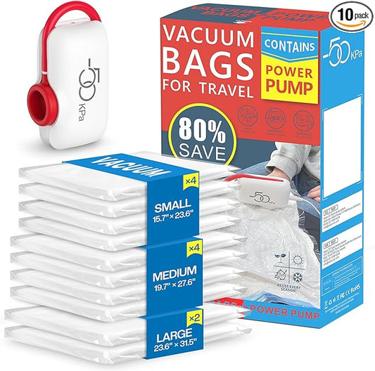 Vacuum Storage Bags for Travel, 10 Pack Vacuum Seal Bags for Clothing Travel, Compression Packing Kit with High Pressure Electric Pump, Space Saver for Clothes Luggage Traveling