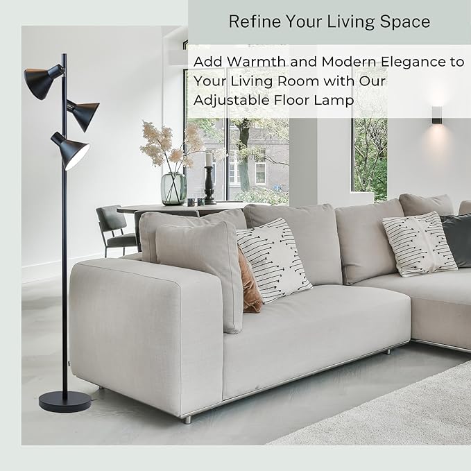 LIGHTACCENTS Black Tree Floor Lamp with 3 Adjustable Lights – Modern Standing Lamp, Adjustable Black Lamp Shades, Pole Light for Living Room, Bedroom, and Office