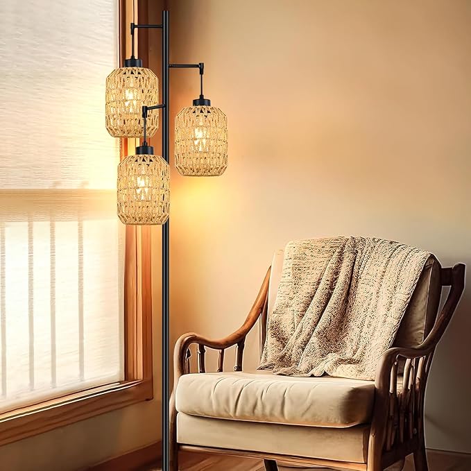 Floor Lamp for Living Room,Bedroom,Boho Rattan Tree 3 Lights Farmhouse Floor Lights,Industrial Black Standing Lamp Wicker Rustic Tall Lamp,Woven Bamboo LampShade Floor Lamps Bohemian