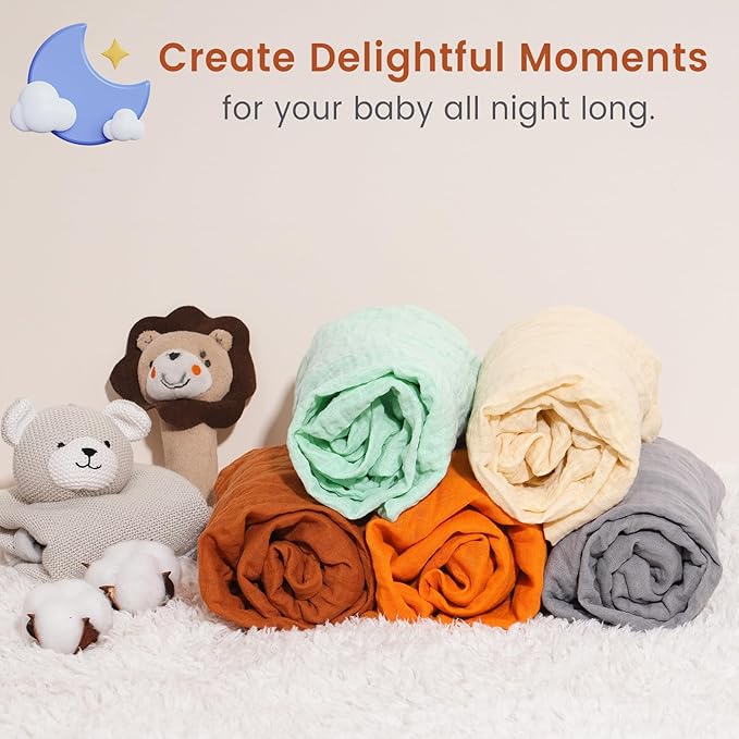 Muslin Crib Sheets for Boys Girls, 2 Pack 100% Cotton Soft Breathable Fitted Baby Sheet Set, 28x52 Inch Fits Standard Crib and Toddler Mattresses, Beige & Ginger