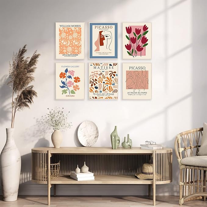 Flower Market Posters Set of 6, Abstract Flower Market Wall Art Prints Exhibition Poster Set, Vintage Matisse Print Picasso Print William Morris Painting Pictures, Boho Room Decor（8x10inch, Unframed)