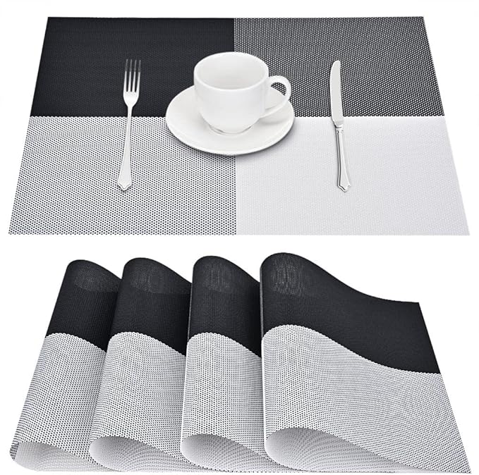 GIVERARE Placemats Set of 4, Heat-Resistant Woven Vinyl Placemat, Non-Slip Washable PVC Table Mat, Easy to Clean Premium Plastic Mats for Dining, Kitchen Table (Black+White)