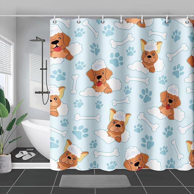 AILONEN Cute Dog Shower Curtain,Cute Bulldog Labrador Dog Print Shower Curtain, 36" W*72" H Waterproof Happy Shower Puppy Dog Lover Curtain with Grommets and 12 Hooks