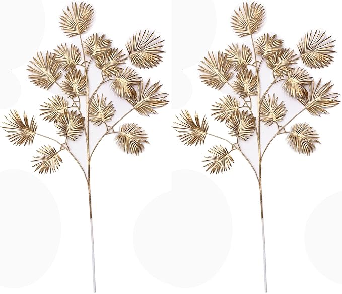 Christmas Decor Artificial Gold Plants 30" Tall 2 Pack, Faux Golden Fans Palm Leaves Plastic Fake Tropical Grass Flowers for Home Indoor Room Wedding Centerpiece Decoration Hall Table Vase Filler DIY