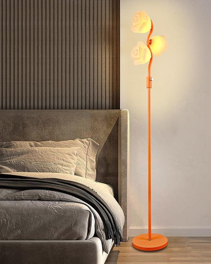 Orange Floral Floor Lamp, Dimmable Mid Century Modern Standing Lamps with 3 Warm White 3000K Bulbs, Cute Flower Floor Lamp for Living Room Bedroom Home Decor