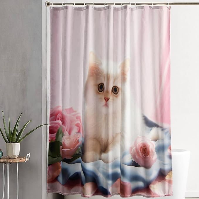 AILONEN 3D Beautiful Cat Shower Curtain,Kawaii Kitten Shower Curtain Set for Kids Boys Girls,Cat Lovers Animal Shower Curtain for Bathroom,Pink Rose Bath Curtain with Hooks,72" W*84" H