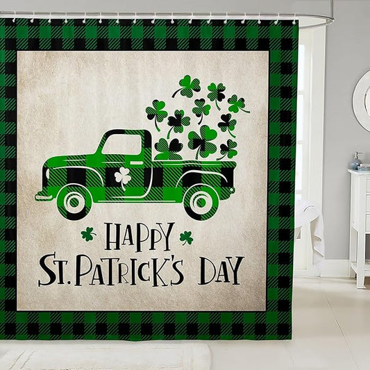 Manfei Happy St. Patrick's Day Kids Shower Curtains,Cartoon Truck Leaf Irish Bathroom Curtains for Girls Boys,Geometric Grids Patchwork Green Retro Waterproof Curtains,12 Hooks Suits,72" W x 78" L