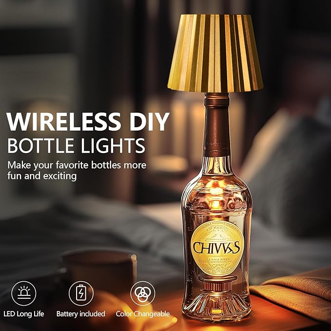 Wine Bottle Lamp, 2025 New 3 Color Rechargeable Wireless Bottle Lamp for Liquor Bottles with Touch Dimming for Parties, Restaurants & Home Decor (Gold)