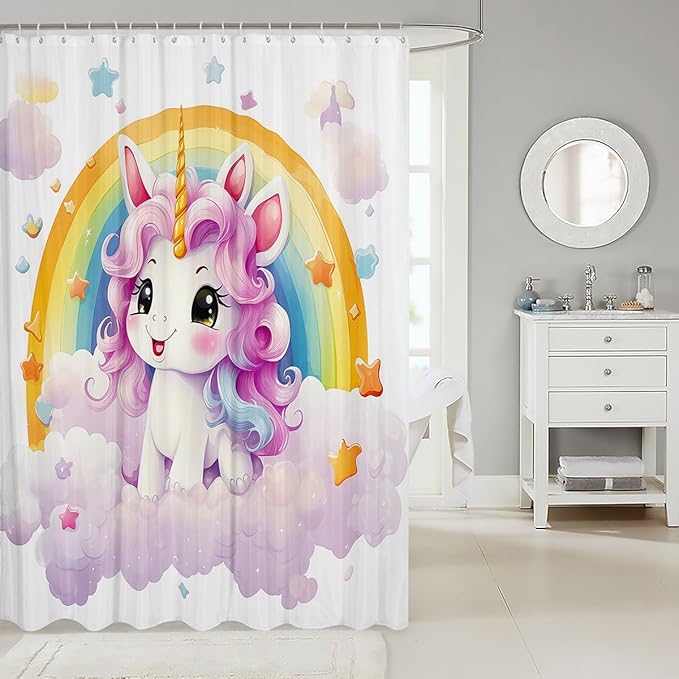 Feelyou Cute Unicorn Fabric Shower Curtain Kids Rainbow Bathroom Waterproof Accessories with 12 Hooks for Boys Girls Bright Colorful Shower Curtain Star Cloud Curtains,72x72 Inches