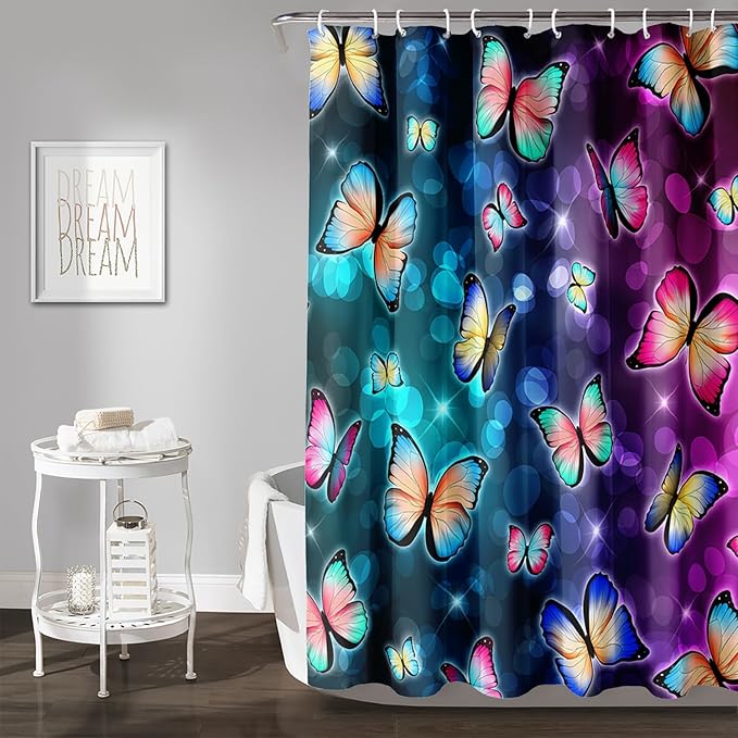 AILONEN Colorful Butterfly Shower Curtains,Gradient Butterfly Bath Curtain for Bathroom Decor,Polyester Waterproof with 12 Plastic Hooks 72" W*84" H