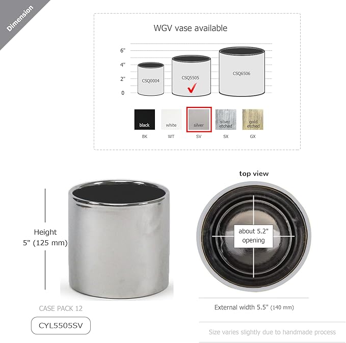 WGVI Silver Ceramic Cylinder Vase Width 5.5" Height 5", Flower Arrangements, Candle Holder, Terrarium Planter Pot, Storage Container Organizer, Pen Brush Holder, Smooth Silver Tabletop Decor, 12 Pc