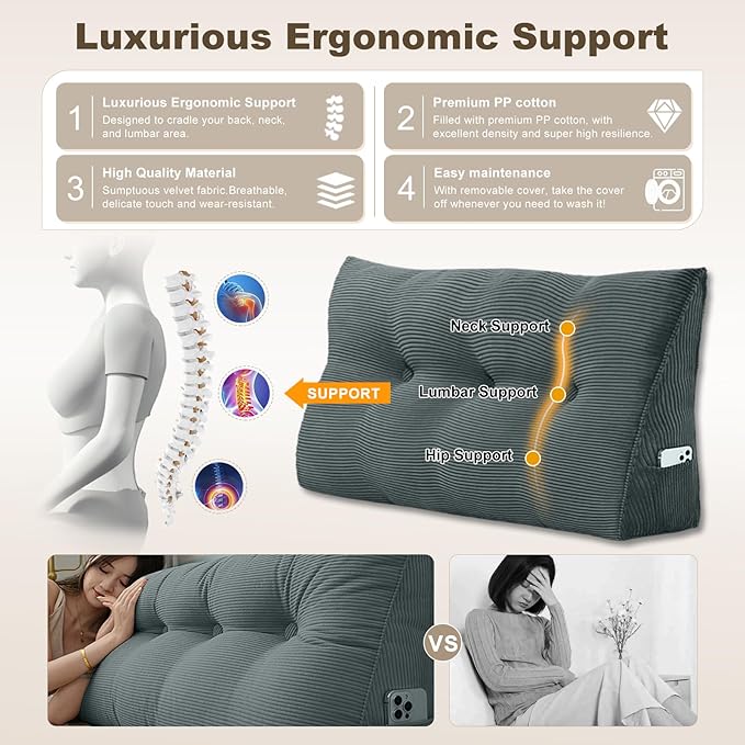 Headboard Pillow - Queen-Sized Headboard Wedge Pillow for Daybeds and Bunk Beds - Durable, Comfortable, with Removable Velvet Cover (Dark gray, 76x20x8Inches)