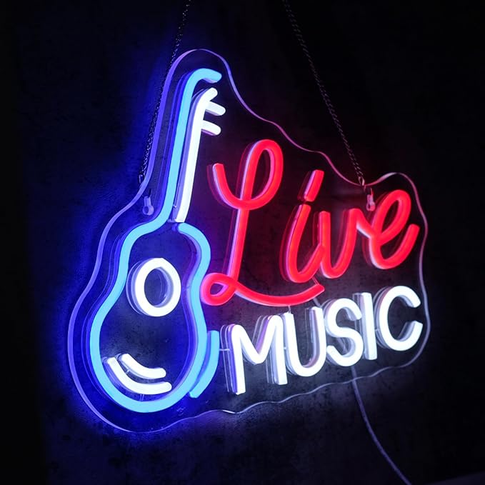 Live Music Neon Sign for Wall Decor - Dimmable LED Light for Studio, Guitar, Bar, Concert, Party, Man Cave - Room Decoration Gift