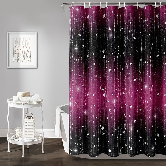 AILONEN White Star Shower Curtain,Dreamy Starry Sky Bathroom Fabric Shower Curtain for Girls Boys Kids Teens, 36" W*72" H Black and Purple Theme Bathroom Decor