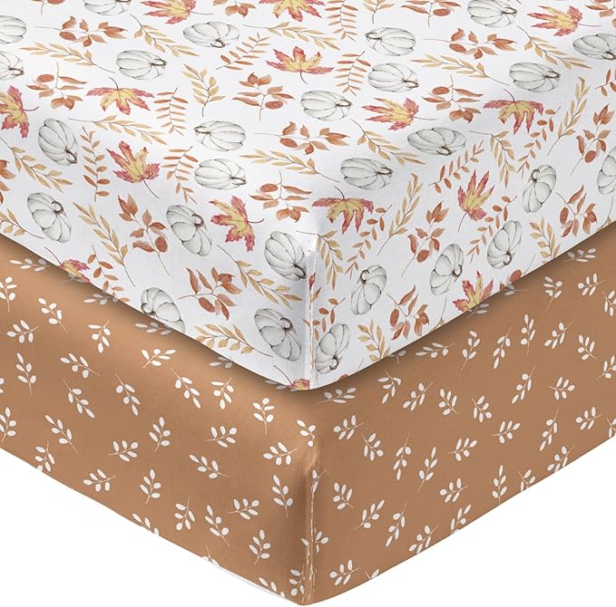Horaldaily 2 Pack Fitted Crib Sheet for Boys Girls,Soft Breathable Washable Jersey Microfiber Baby Crib Sheet, Fits Standard Size Crib Mattress 28in x 52in, Floral Pumpkin Nursery Sheet White/Orange