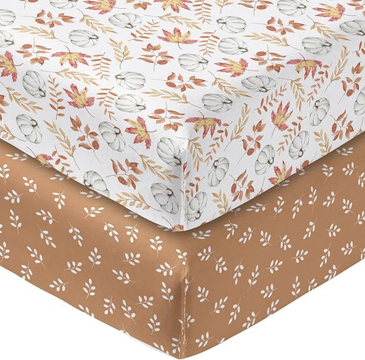 Horaldaily 2 Pack Fitted Crib Sheet for Boys Girls,Soft Breathable Washable Jersey Microfiber Baby Crib Sheet, Fits Standard Size Crib Mattress 28in x 52in, Floral Pumpkin Nursery Sheet White/Orange