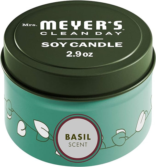 MRS. MEYER'S CLEAN DAY Soy Tin Candle, 12 Hour Burn Time, Made with Soy Wax and Essential Oils, Basil, 2.9 oz