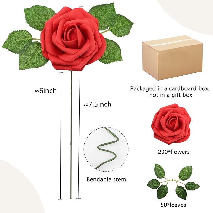 200PCS Red Artificial Flowers Roses Real Looking Foam Fake Roses with Leaves for DIY Wedding Bouquets Bridal Shower Party Decorations (Red, 200)