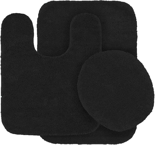 Fancy Linen 3pc Solid Non-Slip Bath Mat Set Bathroom U-Shaped Contour Rug, Mat and Toilet Lid Cover New # 6 (Black)