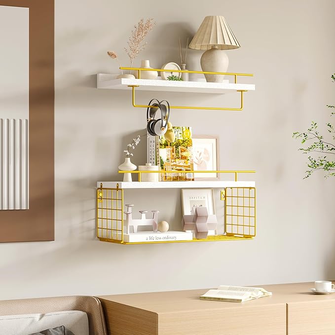 Fixwal 3-Tier Floating Shelves for Wall, Bathroom Shelves with Towel Rack & Wire Storage Basket, Modern White & Gold Shelves, 20 lbs Weight Capacity