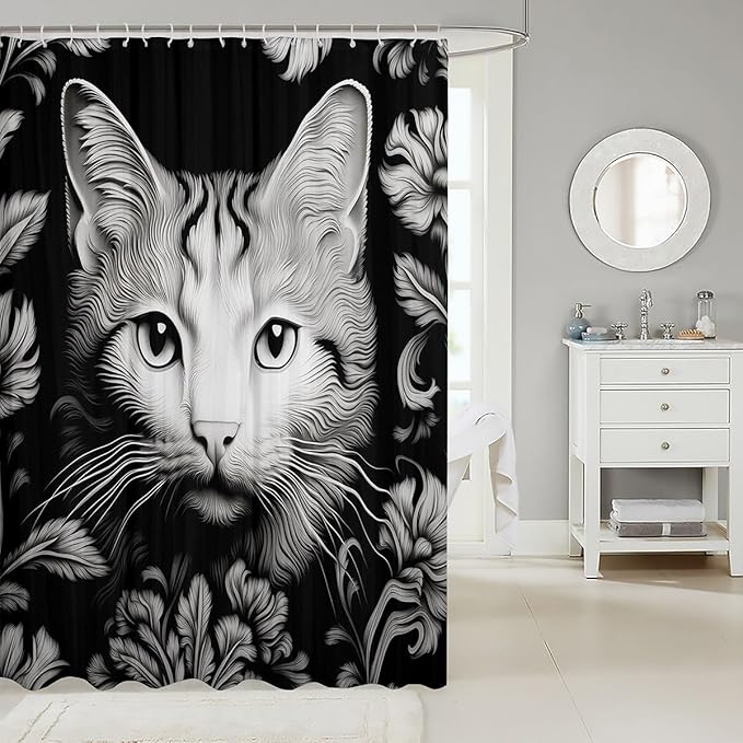 Feelyou Cute Cat Shower Curtain Kids Black White Cat Fabric Shower Curtain 3D Print Bathroom Waterproof Accessories with 12 Hooks for Women Men Flower Pattern Curtains,72x72 Inches