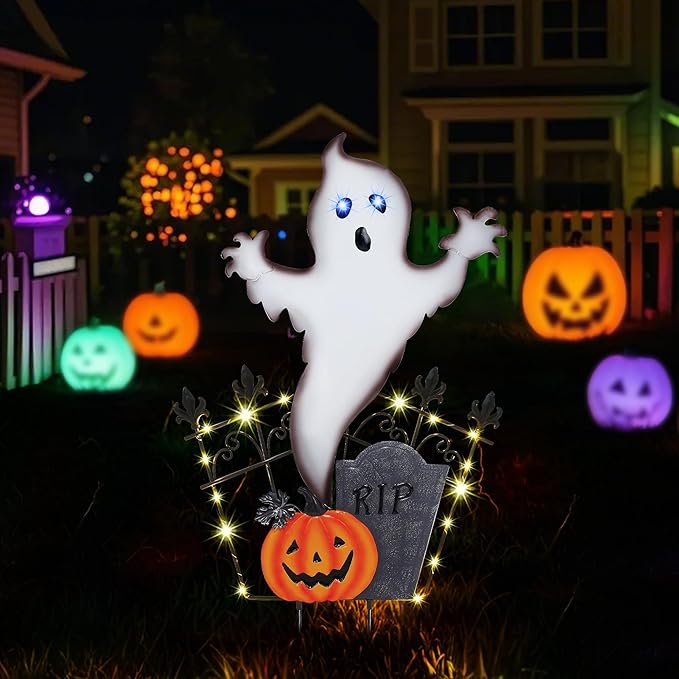 Joliyoou 29.5" H Halloween Yard Stake, Solar Lighted Metal RIP Tombstone with Glow-in-Dark Skull, 18 LED Purple LED Lights Spooky Yard Sign for Outdoor Lawn Garden Decorations