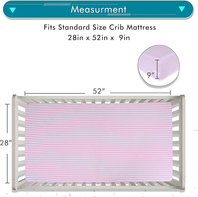 100% Cotton Jersey Knitted Standard Crib Sheets for Boys and Toddler, Soft and Breathable, Crib Sheets Girl Snug Fit, Machine Washable, Multiple Colors (P1, Pink Stripe,28"x52"x9")