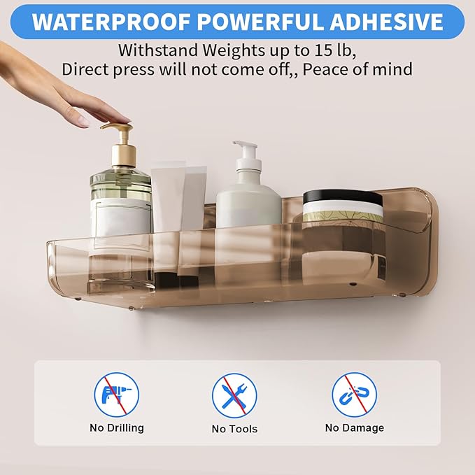 2pc Acrylic Wall Mounted Shower Caddy, Bathroom Shelves, No Drilling Hang Walls, Self Adhesive Organizer, for Bathroom, Kitchen, Living Room