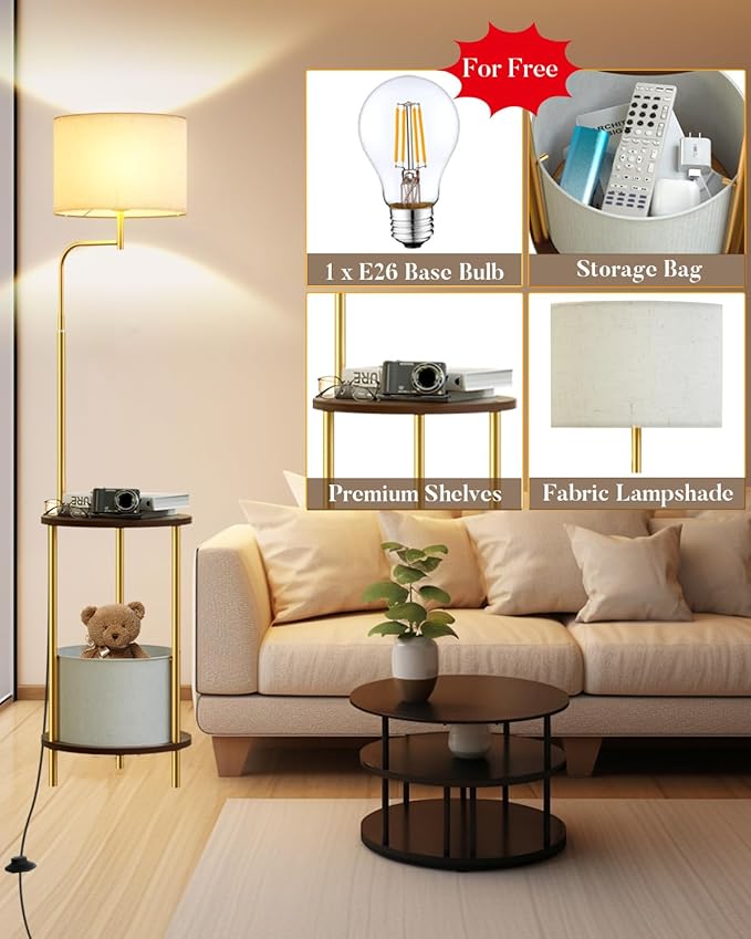 Lightdot Floor Lamp with Shelves, Mid Century Gold Standing Lamps with Bulb and Storage Bag Included, Farmhouse End Table with Lamp Attached for Living Room