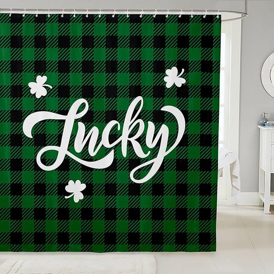 Happy St. Patrick's Day Kids Shower Curtains,Leaf Irish Holiday Bathroom Curtains for Girls Boys,Geometric Grids Checkered Patchwork Green Retro Waterproof Curtains,12 Hooks Suits,72"W x 78"L