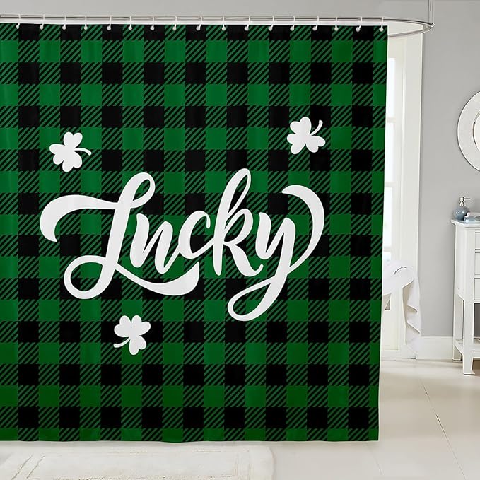 Happy St. Patrick's Day Kids Shower Curtains,Leaf Irish Holiday Bathroom Curtains for Girls Boys,Geometric Grids Checkered Patchwork Green Retro Waterproof Curtains,12 Hooks Suits,72"W x 84"L