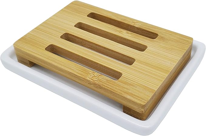 Lofekea Soap Dish Holder, Self Draining Soap Saver Bar Soap Holder for Shower Ceramic Soap Dish for Shower,Bathroom, Kitchen (Bamboo)