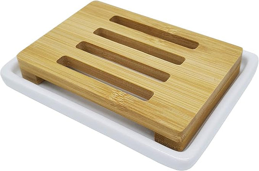 Lofekea Soap Dish Holder, Self Draining Soap Saver Bar Soap Holder for Shower Ceramic Soap Dish for Shower,Bathroom, Kitchen (Bamboo)