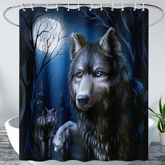 AILONEN Cool Wolf Shower Curtain,Evening Moon Wolf Bath Curtain for Bathroom Decor,Polyester Waterproof for Shower,72" W*84" H with 12 Plastic Hooks